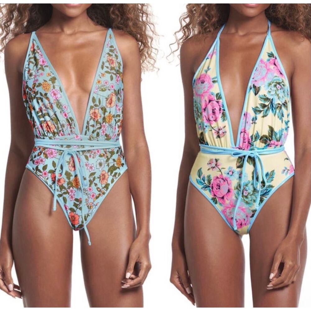Maaji Reversible Smooth Skies Safary Plunge One Piece Swimsuit Size L
